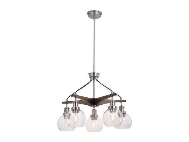 VAXCEL H0256 Avondale 25.5-in Nickel and Wood Farmhouse 5 Light Chandelier