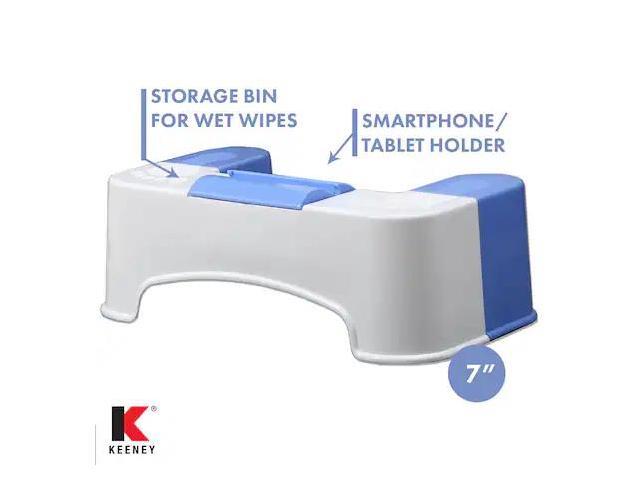 keeney manufacturing sqt1c 7' bathroom stool storage bin for cleaning wipes with tablet/smartphone holderwhite/blue toilet foot rest