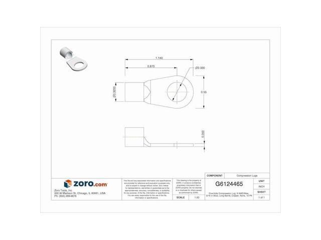 BURNDY YAD6CM8E516 One-Hole Compression Lug, 6 AWG Max, 5/16 in Stud, Long