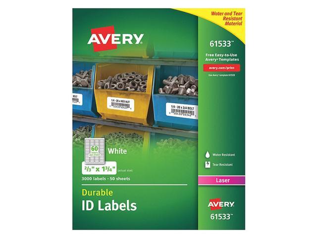 Avery Durable ID Labels, TrueBlock Technology, Permanent Adhesive, 2/3' x 1-3/4', 3,000 Labels (61533)