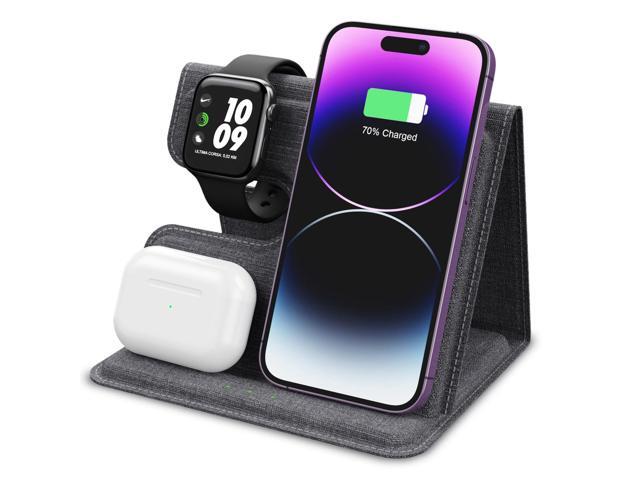 Alpha Digital PU Leather 3 in 1 Wireless Charger Stand for iPhone, AirPods, iWatch, Cellphones/Earbuds with wireless charging function, 18W high...