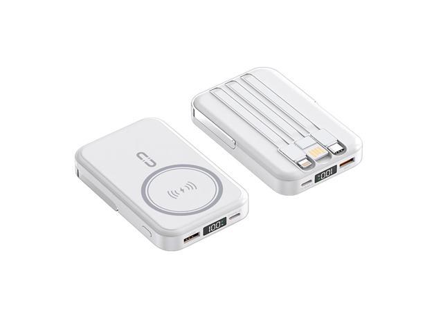10000mAh Portable Magnetic Wireless Charge Power Bank with stand and 3 built-in cables White