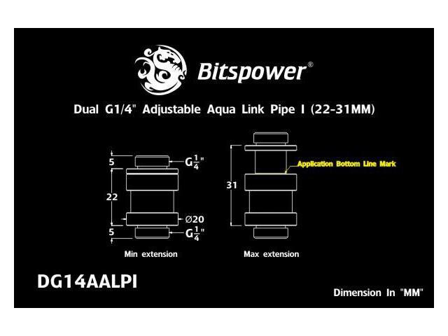 Bitspower G1/4' Adjustable Aqua Link Pipe (22-31mm), Black Sparkle