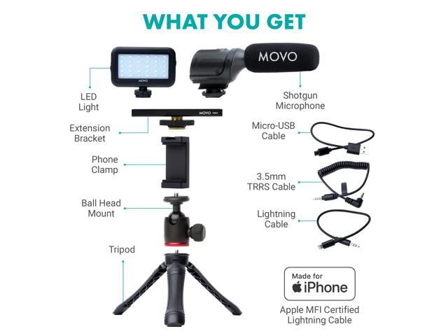 Movo iVlogger Vlogging Smartphone/iPhone Video Kit W/ Tripod, Mic, LED Light - Compatible YouTube & Influencer Kit for Content Creators Movo