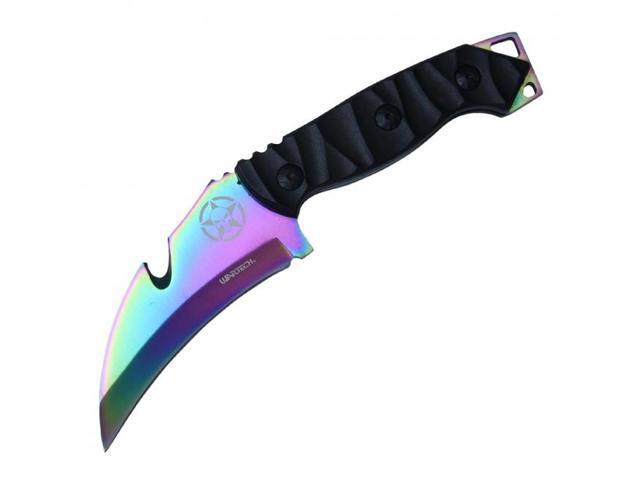 Tactical Knife Wartech 8.5' Overall Full Tang Rainbow Hawkbill Gut Hook Blade