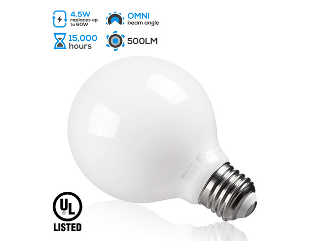 TORCHSTAR 6 Pack LED Dimmable G25 Frosted Filament Light Bulb, 4.5W (60W Eqv.) E26 Decorative Milky Bulb, 4000K Cool White