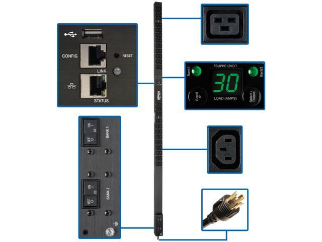 Tripp Lite 5 / 5.8 kW Single-Phase Monitored PDU, LX Interface, 208 / 240V Outlets (36 x C13 / 6 x C19), L6-30P, 10.0 Feet Cord, 0U Height, TAA.