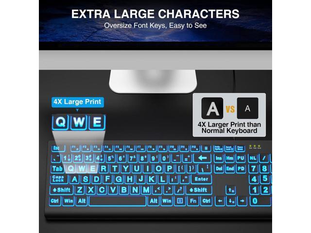 SABLUTE Large Print Backlit Keyboard, Wired USB Lighted Computer Keyboards with 7-Color & 4 Modes Backlit, Oversize Letters Keys Easy to See and...