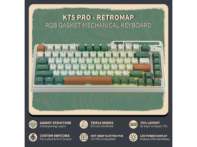 KZZI K75 PRO RGB 75% Wireless Gasket Mechanical Keyboard, Triple Mode BT 5.0/2.4G/USB-C 82 Keys Hot Swappable Gaming Keyboard w/Knob & Power...