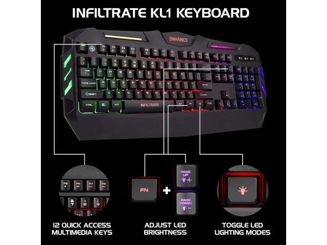 ENHANCE Infiltrate KL1 LED Gaming Keyboard - Multi Color Backlit Keyboard with 2 Lighting Modes, Spill Resistant Design, USB Braided Cable - 19 Key...