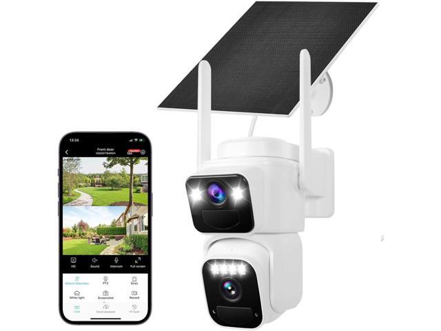 Dual Lens Dual Screen 2K Solar Security Camera Wireless Outdoor 360° View Battery Powered Camera with Spotlight Color Night Vision, PIR Sensor WiFi...