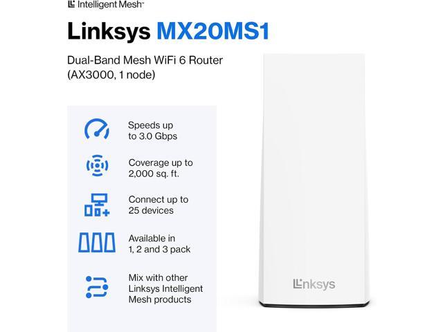 Linksys Atlas WiFi 6 Router Home WiFi Mesh System, Dual-Band, 2,000 Sq. ft Coverage, 25+ Devices, Speeds up to (AX3000) 3.0Gbps - MX2000 1-Pack,White