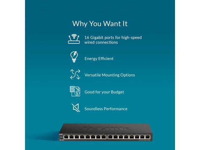 D-Link Ethernet Switch, 16 Port Gigabit Slim Switch Plug and Play, Unmanaged, Metal Housing, Quiet Fanless Design, IEEE 802.3az EEE, 5-Year Limited...