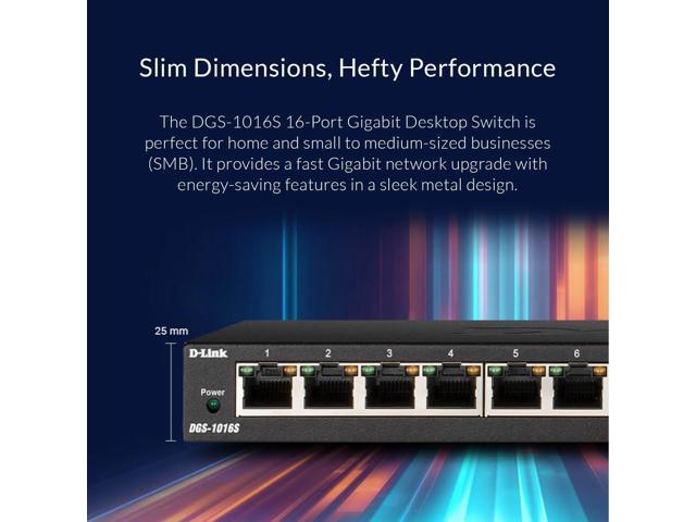 D-Link Ethernet Switch, 16 Port Gigabit Slim Switch Plug and Play, Unmanaged, Metal Housing, Quiet Fanless Design, IEEE 802.3az EEE, 5-Year Limited...