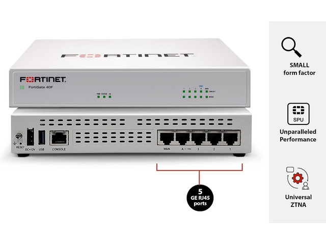 FortiGate-40F Firewall Appliance - 5 Gigabit Ethernet RJ45 Ports, Ideal for Small Businesses (Appliance Only, No Subscription) (FG-40F)