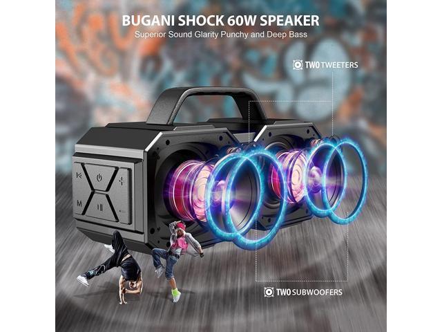 BUGANI Shock Bluetooth Speaker, Portable Bluetooth 5.3, Waterproof, 60W Super Power, Outdoor Speaker, Black(New Model)
