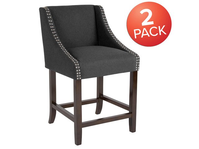 Carmel Series 24' High Transitional Walnut Counter Height Stool with Nail Trim in Charcoal Fabric, Set of 2
