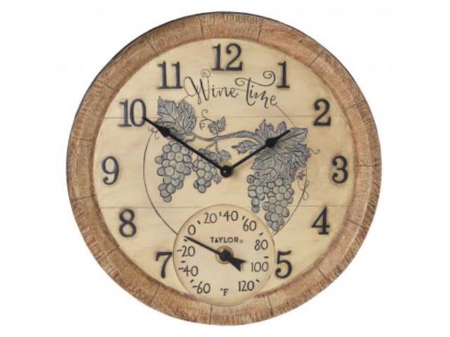 Taylor Precision Products 14-inch Poly Resin Time Clock with Thermometer in Wine Time Pattern