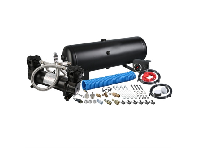 On Board Air Compressor Kit Twin Head 4.2 CFM With 5 Gal Tank In-Cab Gauge and Switch Bulldog Winch