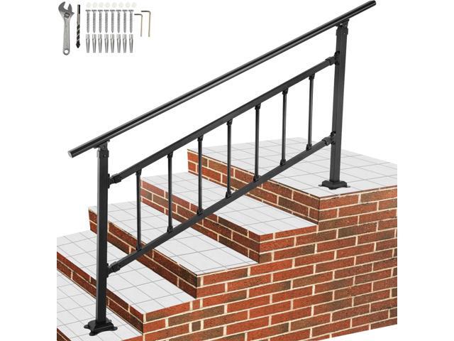 VEVOR Iron Handrail Stair Railing Hand Rail Kit 1-4 Steps Outdoor Black W/ Bars