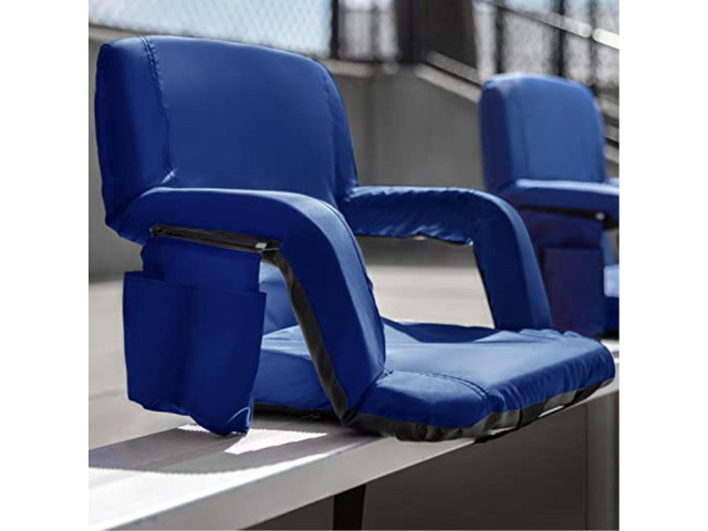 Set of 2 Blue Portable Lightweight Reclining Stadium Chairs with Armrests, Padded Back & Seat - Storage Pockets & Backpack Straps