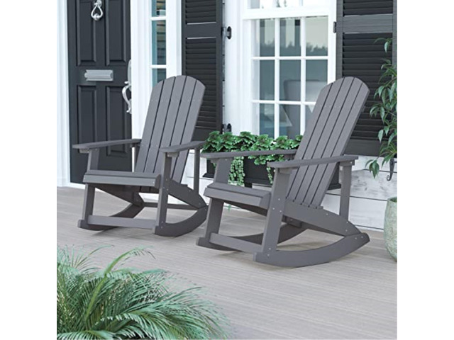 Savannah All-Weather Poly Resin Wood Adirondack Rocking Chair with Rust Resistant Stainless Steel Hardware - Gray - Set of 2