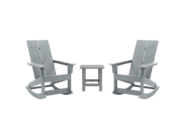 Set of 2 Gray Finn Modern Commercial Grade All-Weather 2-Slat Poly Resin Rocking Adirondack Chairs with Matching Side Table