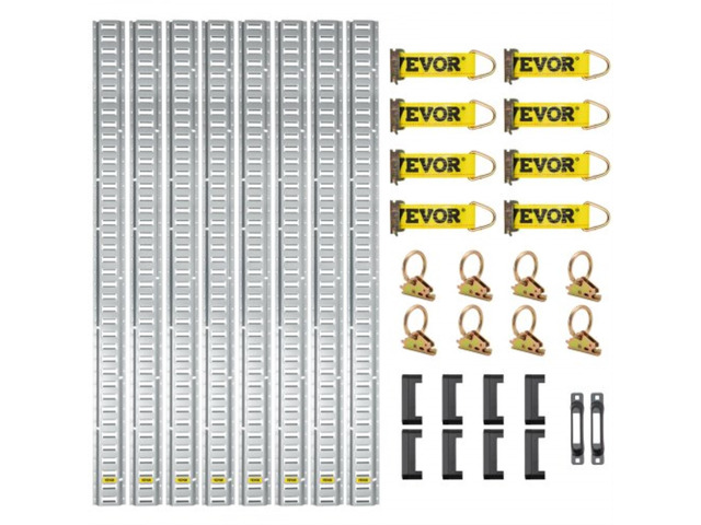 VEVOR E Track Tie-Down Rail Kit, 34PCS 5FT E-Tracks Set Includes 8 Steel Rails & 2 Single Slot & 8 O Rings & 8 Tie-Offs w/D-Ring & 8 End Caps,...