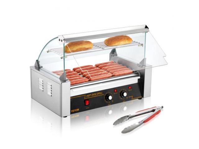 Hot Dog Roller 7 Rollers 18 Hot Dogs Capacity 1050W Stainless Sausage Grill Cooker Machine with Dual Temp Control Glass Hood Acrylic Cover Bun...