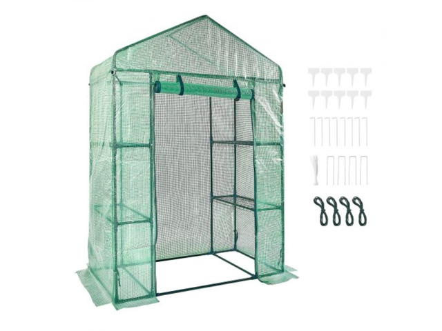 Walk-in Green House, 4.6 x 2.4 x 6.7 ft, Greenhouse with Shelves, High Strength PE Cover with Doors, Windows and Steel Frame, Set Up in Minutes,...