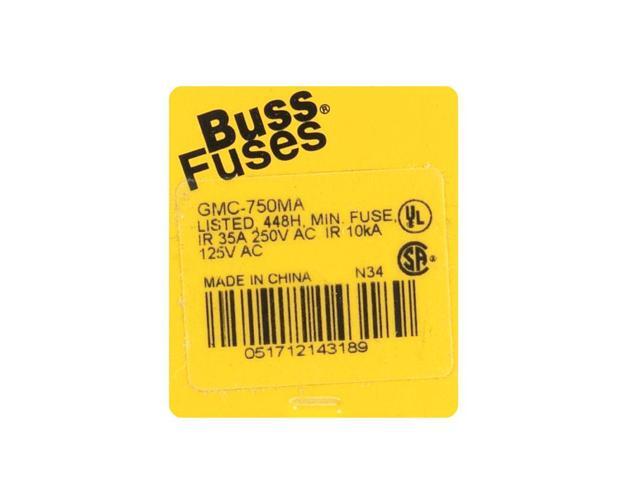 EATON BUSSMANN GMC-750-R Glass Fuse, 750mA, 10kA at 125V AC, 35A at 250V AC, 5