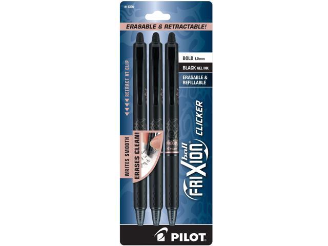 Pilot FriXion Ball Clicker Erasable Retractable Gel Pens, Pack of 3, Bold Point, 1.0 mm, Black Barrels, Black Ink
