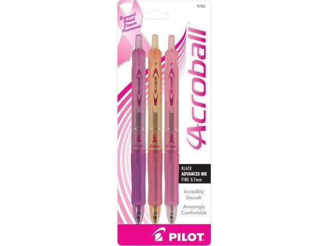 Pilot Acroball for a Cure Breast Cancer Awareness Advanced Ink Retractable Ball Point Pens, Fine Pt., Black Ink, Assorted Color Barrels, 3-Pack...