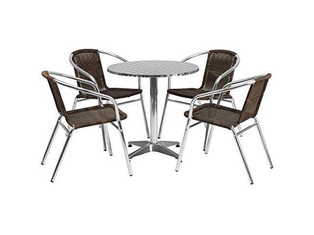 Photos - Garden Furniture Flash Furniture 27.5" Round Aluminum Indoor-Outdoor Table Set with 4 Dark Brown Rattan Cha 