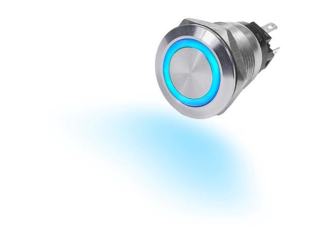 Push Switch, Stain., Off-(On), Blue, 10A