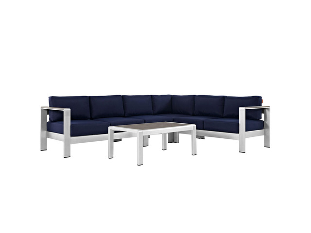 Shore 5 Piece Outdoor Patio Aluminum Sectional Sofa Set - Silver Navy