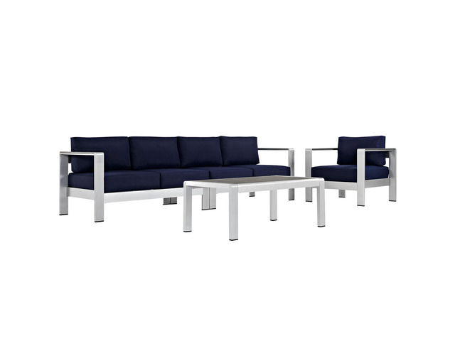Shore 4 Piece Outdoor Patio Aluminum Sectional Sofa Set - Silver Navy