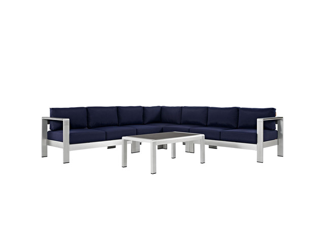 Shore 6 Piece Outdoor Patio Aluminum Sectional Sofa Set - Silver Navy