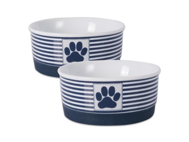 DII Pet Bowl Paw Patch Stripe Nautical Blue Small 4.25dx2h (Set of 2)