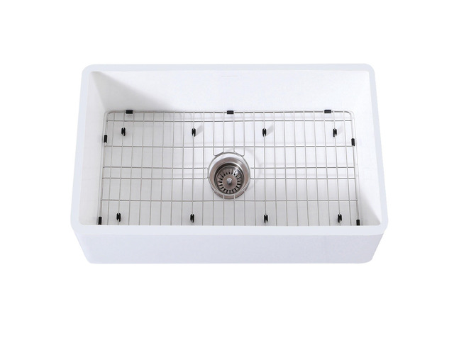 Gourmetier KGKFA301810BC Solid Surface Matte Stone Apron Front Farmhouse Single Bowl Kitchen Sink with Strainer and Grid, Matte White/Brushed