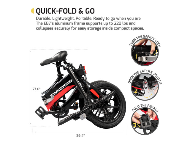Swagtron Swagcycle EB-7 Elite Folding Electric Bike, 16-Inch Wheels, Swappable Battery with Keylock & Rear Suspension