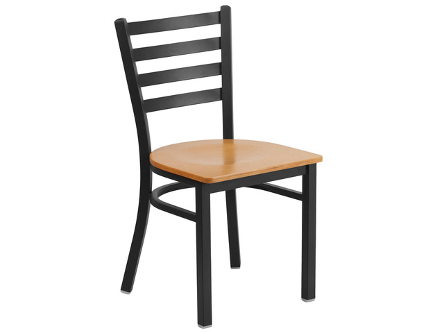 HERCULES Series Black Ladder Back Metal Restaurant Chair - Natural Wood Seat