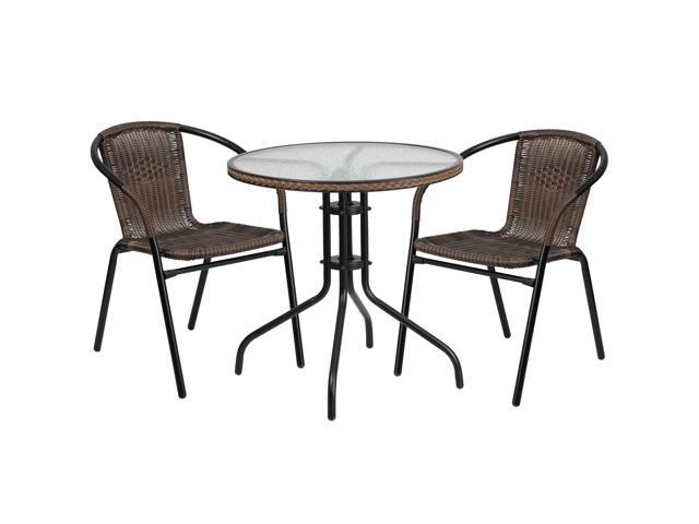 Photos - Garden Furniture Flash Furniture 28" Round Glass Metal Table with Dark Brown Rattan Edging and 2 Dark Brown 