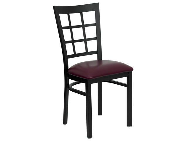 HERCULES Series Black Window Back Metal Restaurant Chair - Burgundy Vinyl Seat