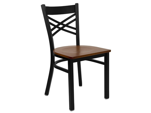 HERCULES Series Black ''X'' Back Metal Restaurant Chair - Cherry Wood Seat
