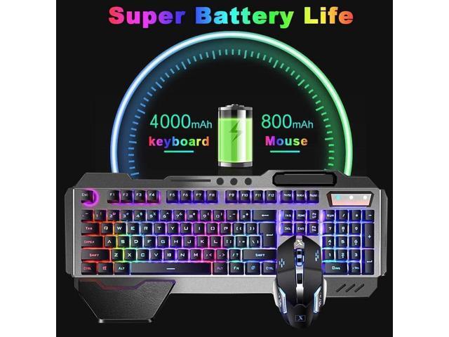 Wireless Gaming Keyboard and Mouse Combo with Rainbow LED Backlit Rechargeable 4800mAh Battery Metal Panel Mechanical Ergonomic Waterproof...