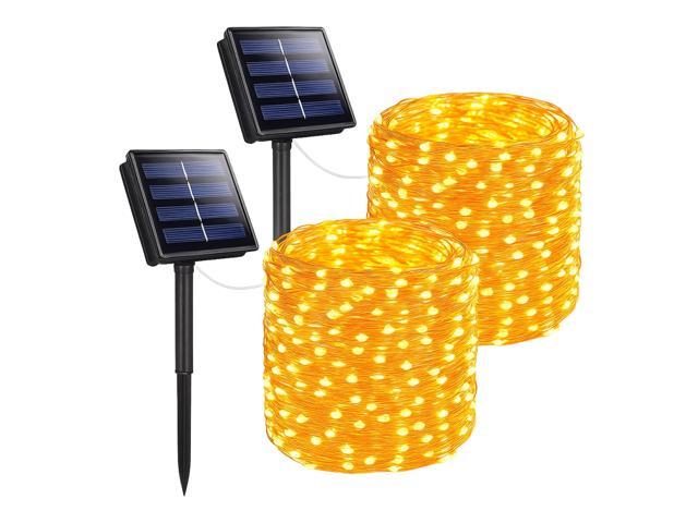 Elegani 2-Pack Solar Powered Fairy Lights 100 LED Each 32ft Warm White Copper Wire Outdoor Waterproof String Lights with Ground Stakes