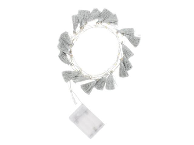 Elegani Boho Tassel Fairy String Lights 20 LED Warm White on 7.7ft Silver Copper Wire with 20 Large 3' Grey Tassels, Indoor Decorative Lighting