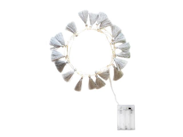 Elegani Boho Tassel Fairy String Lights 20 LED Warm White on 7.7ft Silver Copper Wire with 20 Large 3' Grey Tassels, Indoor Decorative Lighting