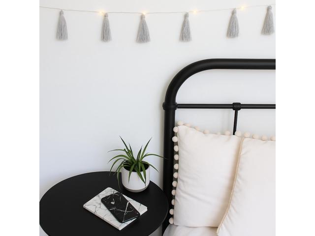 Elegani Boho Tassel Fairy String Lights 20 LED Warm White on 7.7ft Silver Copper Wire with 20 Large 3' Grey Tassels, Indoor Decorative Lighting
